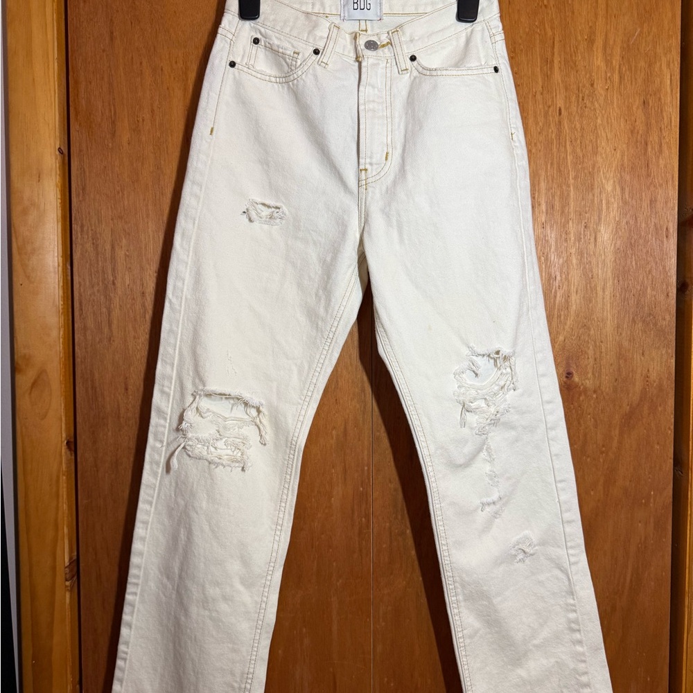 Urban Outfitters Cream Distressed Straight Leg Jeans